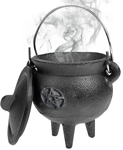 Cast Iron Cauldron, Cast Iron Cauldron with Lid and Handle Halloween 3.94x2.95x2.95inch Cauldron Decorative Candle Incense Burning Witchcraft Cauldron Pot, Star, Cauldron Cast Iron Witchcraft