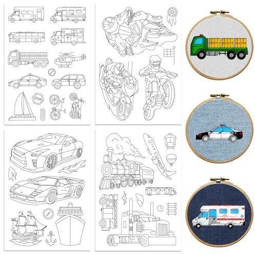 Peacoblue Stickvorlagen Wasserlöslich für Anfänger 4 Sheet Cooles Motorrad und andere with 38pcs Muster, Wash Away Stick and Stitch Auflösbares Stickereipapier für Handnähbegeisterte Frauen Erwachsene
