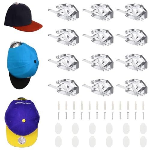 Omevett 12 Pcs Adhesive Hat Hooks for Wall Cap Holder for Baseball Caps Minimalist Hat Display Rack Hat Organizer Wall Mounted Cap Hangers Strong Hold for Bedroom Wall, Door, Closet or Office