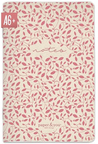 paper&you® Notizheft A6+ dotted Red Leaves mit 64 Seiten, Notizbuch klein, Mini Bullet Journal - nachhaltig & klimafreundlich
