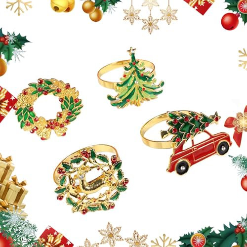 4 Stück Weihnachtsserviettenringe Weihnachtsbaum-Serviettenschnalle Tischserviettenhalter Legierung mit Strasskranz Serviettenringe Party-Metallschnallen für Weihnachtshochzeitsfeiern Tischdekoration
