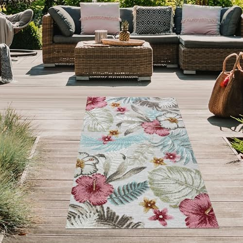 Teppich-Traum Teppich In- und Outdoorteppich brücke Terrasse Balkon Garten Blätter in rechteckiger Form Jute-Look bunt 80 x 150 cm