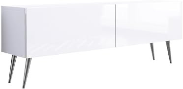 3E 3xE living.com Meuble TV : Deux Portes, Deux étagères, Couleur : Blanc Mat/Blanc Brillant, Pieds chromés, D : L : 140 cm, H : 52 cm, P : 32 cm