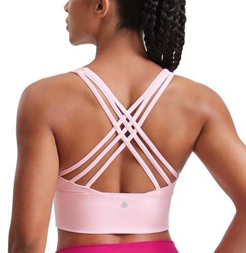 CRZ YOGA Damen Longline Sport-BH Ohne Bügel Gepolstert Bra Top Wirefree Padded Yoga Crop Tops Erdbeerrosa M