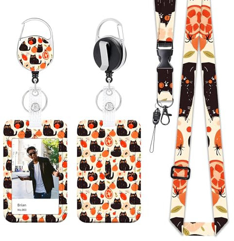 Yistoi Porte Badge Tour de Cou avec Lanières Rétractables, Cordon Enrouleur Infirmiere, Swivel Lobster Clasp (Le Kaki et Le Chat)
