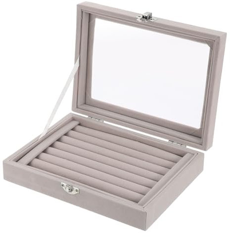 sourcing map Velvet Ring Jewelry Box Organizer, 7 Slots Jewelry Display Case with Glass Lid Jewelry Earrings Necklace Rings Organizer Tray for Wife and Women (Grey)