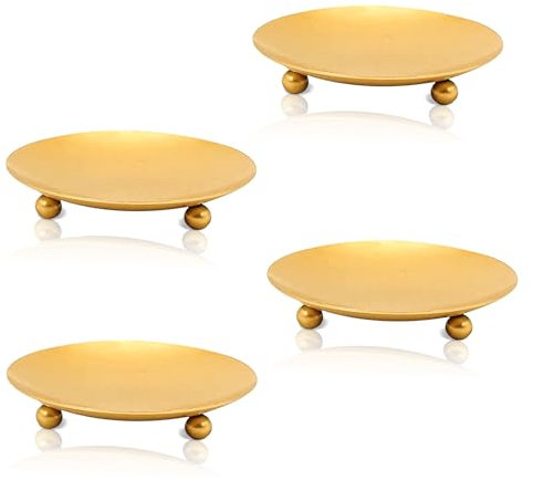 4 PCS Candle Plate, Gold Pillar Candle Holders Metal Candle Dish Round Candle Holder Tray for Incense Cones, Spa, Wedding, Pray, Home, Party, Decoration (9cm)