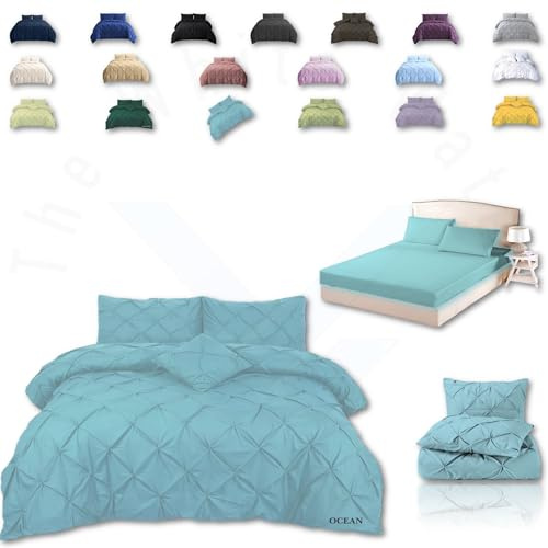 TheWhiteWater Duvet Set - 2/3 in 1 Bedding Set - Duvet Cover + Matching Pillowcases + Fitted Bed Sheets - NPolycotton Pintuck Cover (Ocean, 3 in 1 Bedding Set - King)