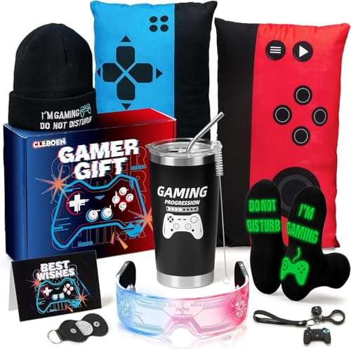 TUZT Gamer Gifts for Boys Men Boyfriend Video Game Room Decor Pillow LED Glasses Tumbler Socks Hat Thanks Card Gaming Stocking Stuffers Easter Basket Presents Christmas Birthday Gifts for Teen Boys