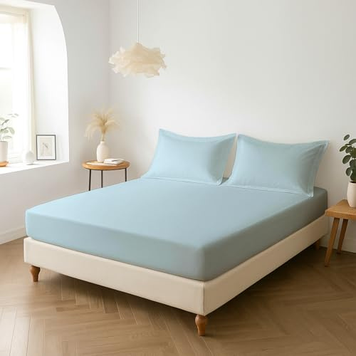 Pizuna Percale Fitted Sheet King Size 150x200 cm with 2 Pillowcases | Baby Blue 100% Long Staple Cotton Crisp Percale Weave 40 Cm Deep Fitted Sheet