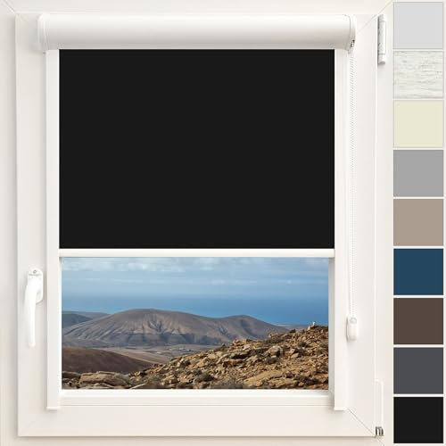 Kassettenrollo Verdunkelungsrollo Thermo Rollo | Fertigung nach Maß | Zum Anschrauben oder Kleben | Für Türen und Fenster | Thermostoff Blackout | Mit Kassette und Führungsschienen | Farbe Schwarz