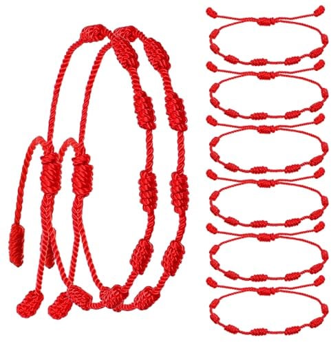Prasacco 8 Stück Rotes Armband, 7 Knoten Rote Armbänder Handgemachtes Glücksarmband aus Polyester + Baumwolle 13 Bis 28 cm Verstellbarer Roter Armband Schutz Universelles Freundschaftsarmband Geschenk