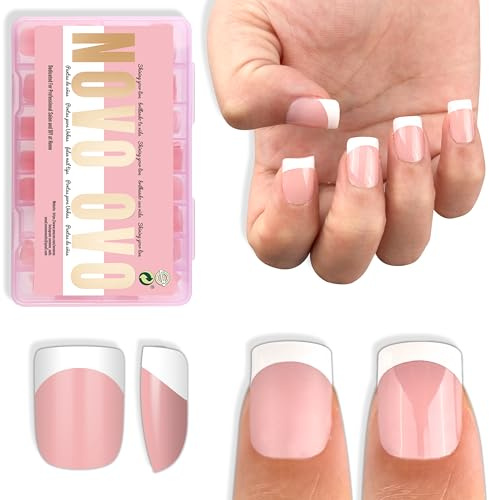 NOVO OVO Extra Short White French Tip Nail Tips, XS XXS Square Round BABY PINK, for Wide & Short Nail Beds, Thick Full Cover Press on for Women Men, Soft Gel Acrylic Extension kit, 16 Sizes x 224pcs