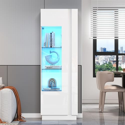 PUGSDRLY Vitrine d'exposition Moderne en Verre 60 * 40 * 180 cm,avec Porte en Acrylique, White vitrine Brillante Armoire de Rangement avec éclairage LED, 3 étagères en Verre