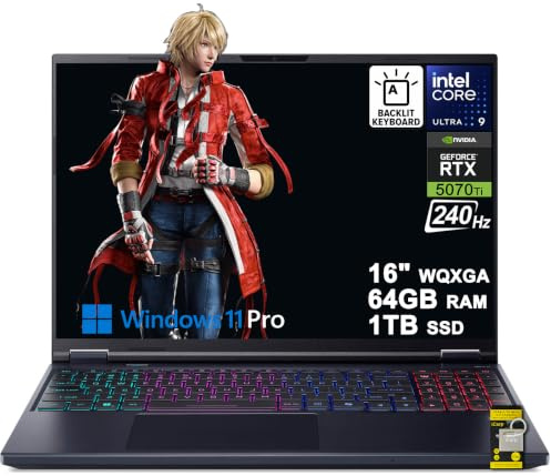 acer Predator Helios Neo 16S AI Gaming Laptop 16 Inch 2560 x 1600 OLED 240Hz (100% DCI-P3) Intel 24-core Ultra 9 275HX 64GB RAM 1TB SSD GeForce RTX 5070 Ti DLSS4 (up to 992 AI Tops) 11 ICP Hub w w