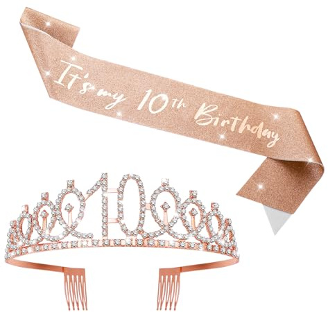 10. Geburtstag Mädchen Schärpe und Krone, Prinzessin Krone Set, Roségold Kristall Geburtstagkrone, Glitzer Schärpe, Geburtstag Party Deko für 10 Jähre Mädchen Frauen Birthday Party Accessoires