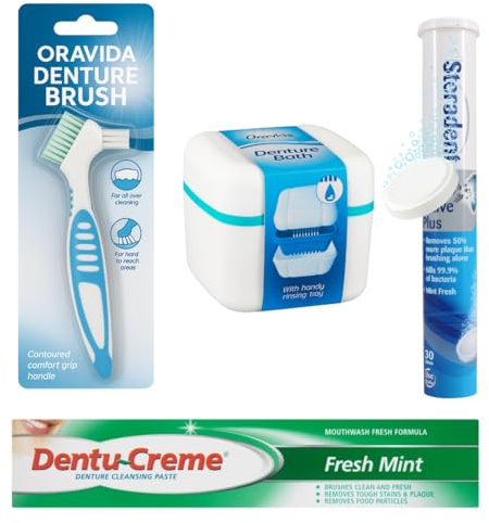 Oravida Complete Denture Cleaning Kit – Denture Bath with Brush, Steraadent Cleaning 30 Tablets & Dentu-Creme Cleaning Paste (75ml) False Teeth Cleaner Set for Deep Hygiene & Daily Freshness