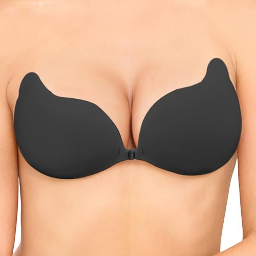 Hioffer Women's Strapless Stick on Bra — Sticky Push Up Invisible Bras for Large Breasts Reusable & Breathable Adhesive Bra for Backless Dresses, Wedding, Party Black