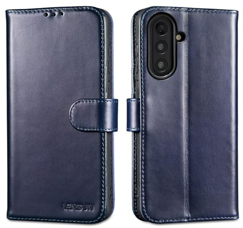 LENSUN Coque pour Samsung Galaxy A57 Cuir Véritable, Étui RFID Pochette de Portefeuille [Fermoir Magnétique][Rangements Cartes] Housse - Bleu