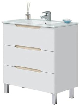 möbelando Waschtisch LEA 80 cm – Moderner Waschbeckenunterschrank mit Soft-Close-Schubladen, Weiß Hochglanz/Eiche, Made in Spain, inkl. Wandhalterung