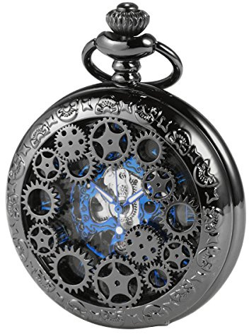 Taschenuhr – Steampunk Gears Serie ManChDa Skelett Zifferblatt Filigranes mechanisches Uhrwerk mit Kette + Geschenkbox