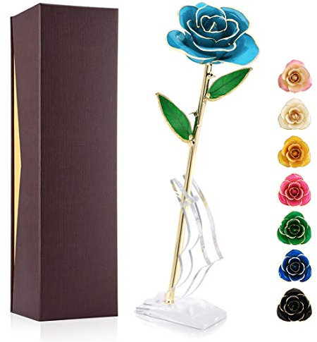 Ejoyous Vergoldete Rose 24K für Immer echte Rose Liebhaber Mama Frau Tochter Freundin, einzigartiges für Hochzeitstag Geburtstagsvorschlag Belohnung, hellblaue Rose mit Sockel