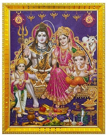Koshtak Shiv Parivar/Shiva Parvati Ganesh & Kartikeya ji Bilderrahmen mit glänzender Laminierung auf Poster mit goldenem Rahmen, für Puja-Raum, Tempel, Wandbehang, Geschenk, Heimdekoration, Anbetung