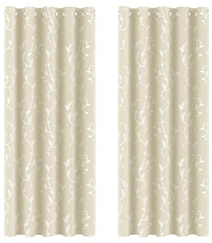 BUHUA Verdunkelungsgardinen mit Ösen, Thermo Gardinen Blickdicht Vorhänge, Verdunkelungsvorhänge Weinstock Muster Wohnzimmer, 2er Set H 229 x B 168 cm, Beige