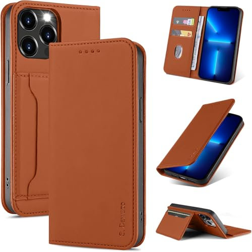 S. Dawezo Cover iPhone 13 PRO Max, Custodia Libro Pelle Flip Portafoglio con Funzione di Supporto Carte Portacellulare Magnetica per iPhone 13 PRO Max– Marrone