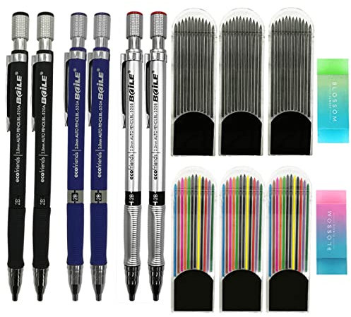HiBD Druckbleistift 2 mm, 6 Stück mit 72 Stück zusätzlichen Minenminen (36 bunt und 36 schwarz) und 2 Radiergummis für Kunstskizzen, Tischler, Entwürfe, Zeichnungen, Basteln