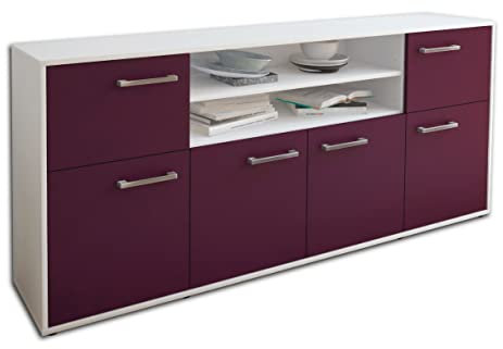 Lqliving Kommode Sideboard Emilia, Korpus in Weiss matt, Front im trendigem Lila (180x79x35cm), inkl. Metall Griffen, Made in Germany