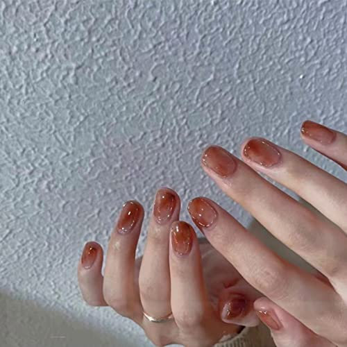 24-PCS Press on Nails Short Fake Nails Amber Halo False Nails Gold Edge Pattern Fake Nails Glossy False Nails Full Cover Acrylic Nails for Women & Girls