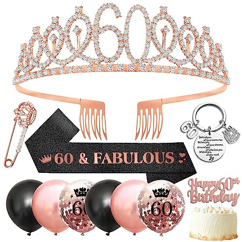 60th Birthday Gifts for Women, 60th Birthday Sash and Tiara 60th Birthday Decorations,60th Sash,60th Tiara Rhinestone Crown,60 Birthday Balloons,Cake Topper,Crown Pin,Keyring for Women 60 Party Favor