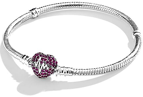 Symretie Pulsera de Plata de Ley 925 para Mujer, Pulsera de Eslabones Serpiente de la Colección Pandora Moments, Compatible con Dijes, Adecuada para Mujeres y Niñas.（corazón rojo 21CM）