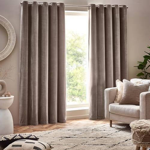 furn. Yard Heavy Chenille Eyelet Curtain Pair – Lined Room Darkening, Soft Velvet Home Décor (Greige - Width 229 x Drop 229cm)