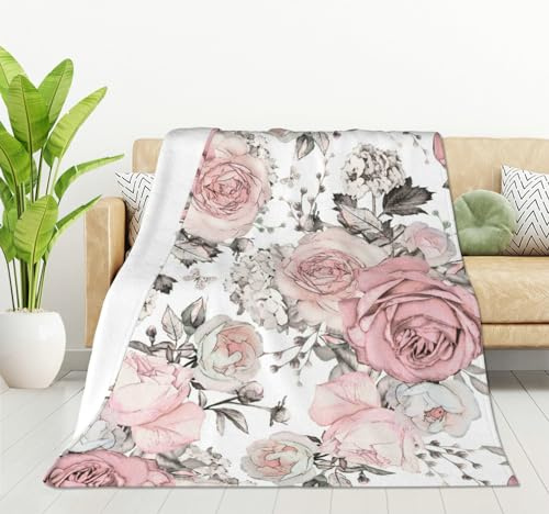 HGOD DESIGNS Watercolor Floral Blanket, Super Soft Pink Flowers and Leaves Throw Blanket 100x130cm Blanket for Bed Couch Chair Fall Winter Camping Living Room Office