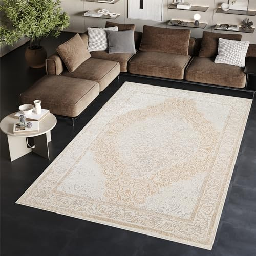 TAPISO Ares Teppich Kurzflor Glänzend Creme Weiß Blumen 140 x 200 cm | Bordüre Barock Klassisch 3D Effekt Wohnzimmer Schlafzimmer OEKO-TEX