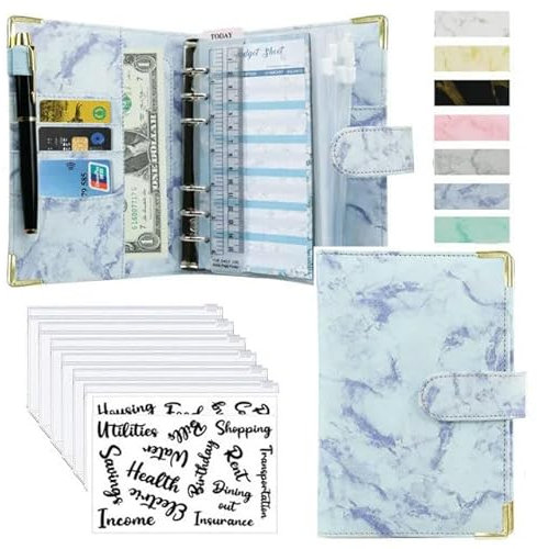 KOSTEN Raccoglitore di Bilancio A6 Marble Notebook Binder Budget Planner Money Organizer per Cash Savings Zipper Busta Tasche Adesivi-Blu E Adesivo
