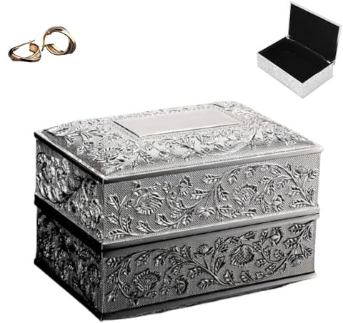 Portagioie in metallo piccolo, Portagioie Vintage in Lega di Zinco Intagliato con Fiore, Scatola Portagioie Donna in Metallo Antico, Rettangolare Portagioie Decorativo per orecchini, anelli(Argento)