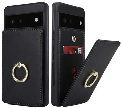 SailorTech für Google Pixel 6 Handyhülle mit Kreditkartenhalter für Frauen, Google Pixel 6 Hülle Ring-Ständer Kartenschlitze Standfunktion Modische Tasche für Männer - Schwarz