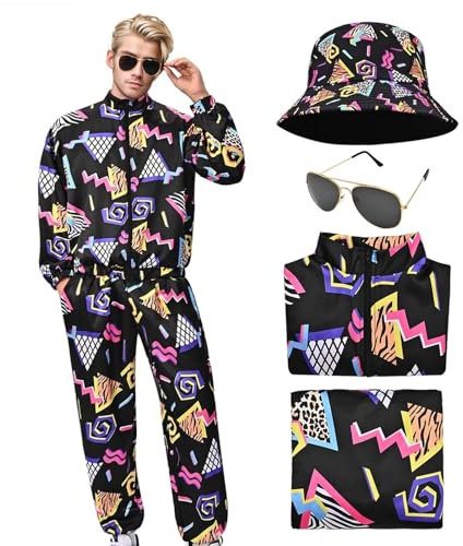 Matreeglam 80er 90er Jahre Kostüm Trainingsanzug für Herren, 80er Retro Outfit mit Fischerhut Sonnenbrille, Mode Sportbekleidungs für Fasching Disco Party (schwarz, S)
