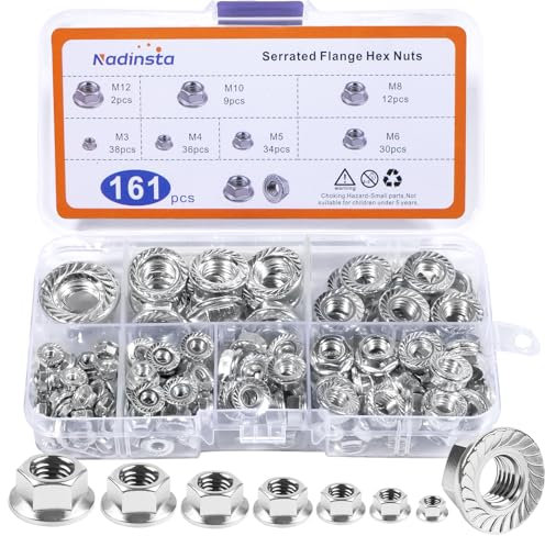 Nadinsta 161 Pezzi Dadi Esagonali Con Flangia, Dado Flangiato Esagonale M3 M4 M5 M6 M8 M10 M12, Dadi Autobloccanti a Flangia Metrica Seghettati Con Flangia e Dentatura