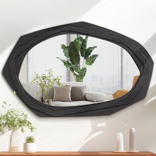 AAZZKANG Black Irregular Wall Mirror with Wood Framed Large 70L x 45W cm Vintage Asymmetrical Hanging Mirrors for Bathroom Bedroom Living Room Entryway