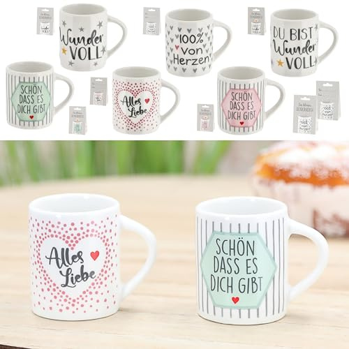Minitasse 6er Set Sprüche | Porzellan weiß bunt 40ml 6x5x4,2cm | Tasse klein Becher Henkeltasse Espressotasse