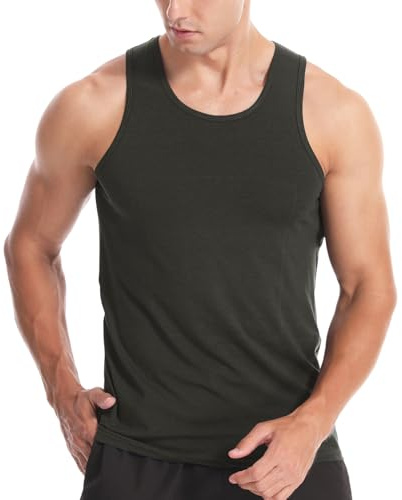 Men's Tank Tops Cotton Vest Gym Workout Bodybuilding Fitness Tee Sleeveless Muscle Shirts Dull Green XL