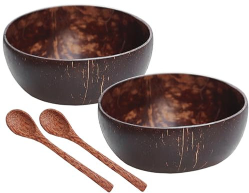 Jeorywoet Les bols de calebash, le bol, la vaisselle polie comprennent 2 bols et cuillères en bois, écologiques et légers pour les salades, le petit déjeuner, en bois