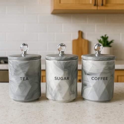 ONE BEST DEAL OBD Marble Tea Coffee Sugar Canisters Set Airtight Crystal Lids Unique Design Kitchen Decor & Housewarming Gift Set (Grey)