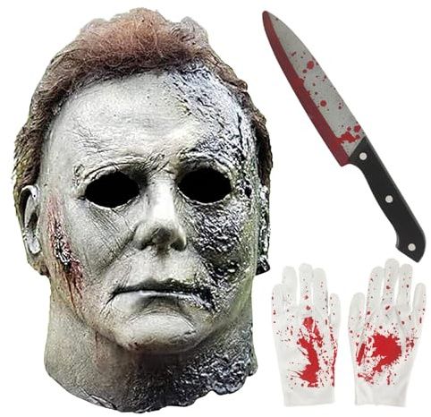 MxsFrundel 3 PCS für Michael Myers Maske Set, Halloween Masken 2025, Kills Gruselige Kostüm Requisiten, Latex Vollkopfmaske mit Haaren, Spielzeug Messer, Handschuh, Einheitsgröße (Dunkelgrau)