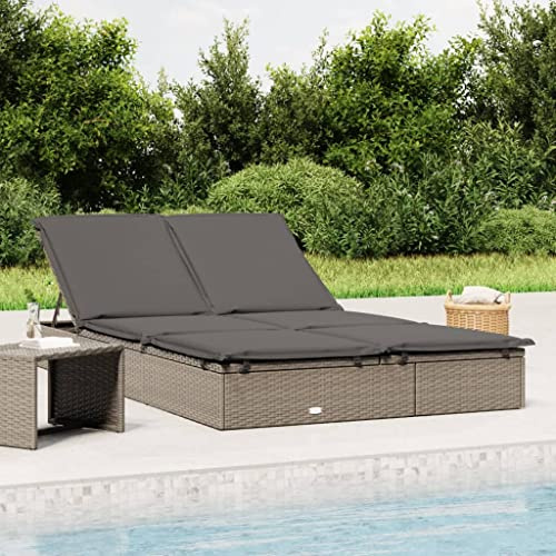 Ziaphsol Sonnenliege für 2 Personen, Grau Poly Rattan, verstellbar, mit Kissen, 201x110cm, für Garten, Balkon, Poolbereich, Terrasse