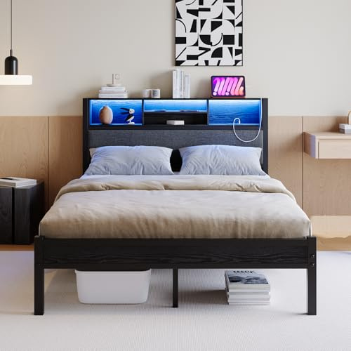 Metallbettgestell 120 x 200 cm, mit LED-Beleuchtung und Ladestation, Jugendbettgestell 120 x 200 cm, mit gepolstertem Kopfteil und Stauraum, Kein Lattenrost Erforderlich,Geräuschlos, Schwarz+Grau